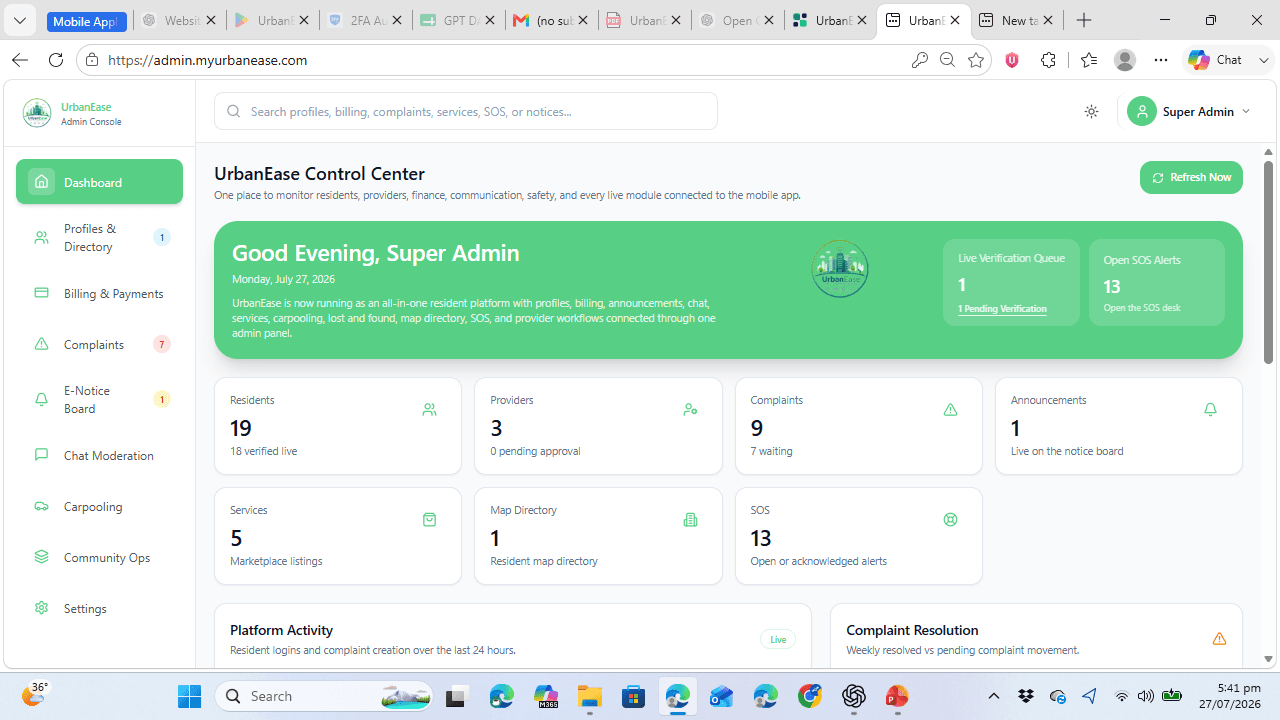 UrbanEase admin control center showing residents, providers, complaints, announcements, services, map directory, and SOS activity